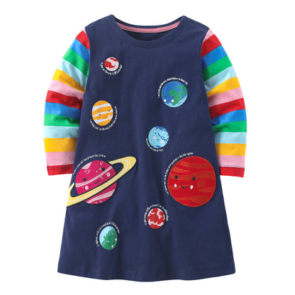Spring Girls Kids Long Sleeve Striped Happy Planets Cartoon Dress