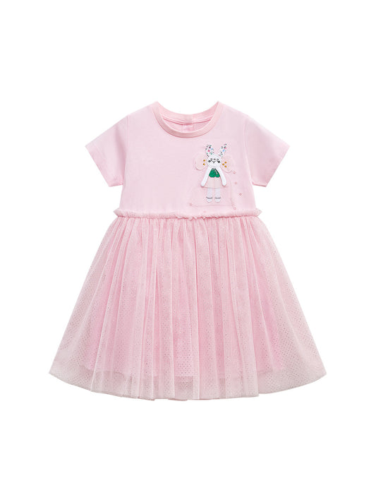 Spring And Summer Baby Girls Short Sleeves Rabbit Cartoon Chiffon Dress