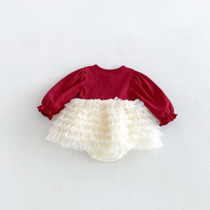 MyKids-USA® Baby Girls Long Sleeves Color Patchwork Tulle Bodysuit Dress