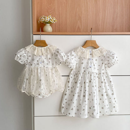 Summer Girls Stars Pattern Flowers Embroidered Collar Onesies and Dress – Princess Sister Matching Set, MyKids-USA®, Baby & Children's Outfits, MyKids-USA -  -  -  -  -  -  - .