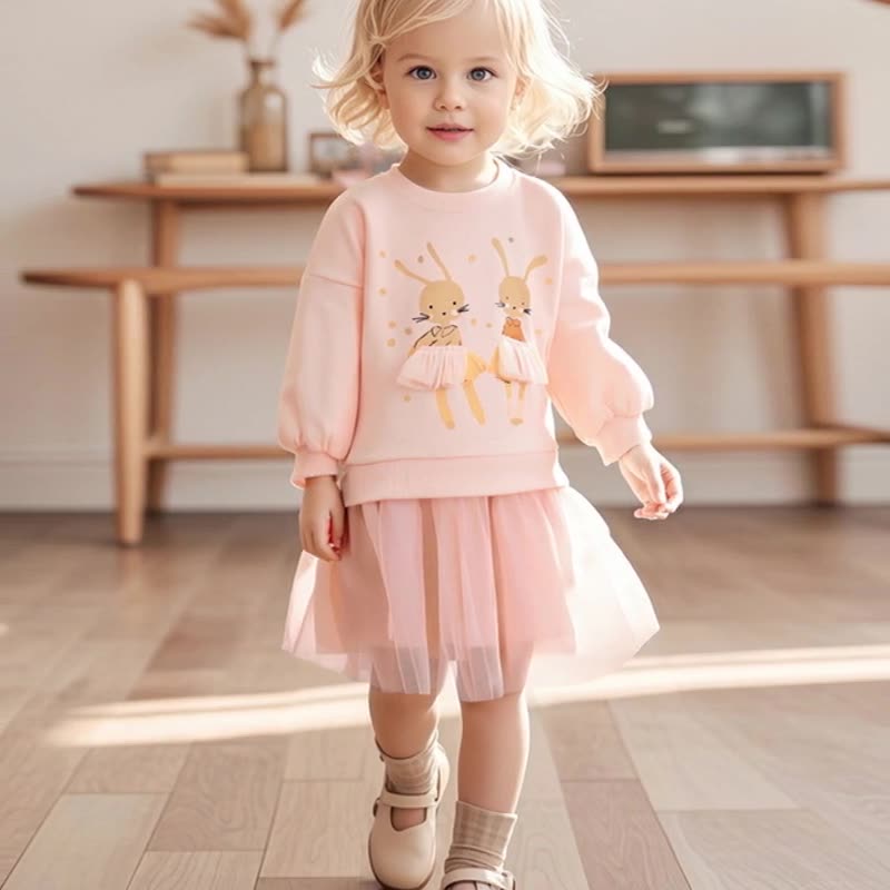 Autumn and Spring Arrival Rabbit Cartoon and Dots Pattern Long Sleeves Crew Neck Dress for Stylish Girls, MyKids-USA®, Baby & Toddler Dresses, MyKids-USA - Size/Age - 90 (12-24M) - Color - Pink -  -  - TR2507171953-A