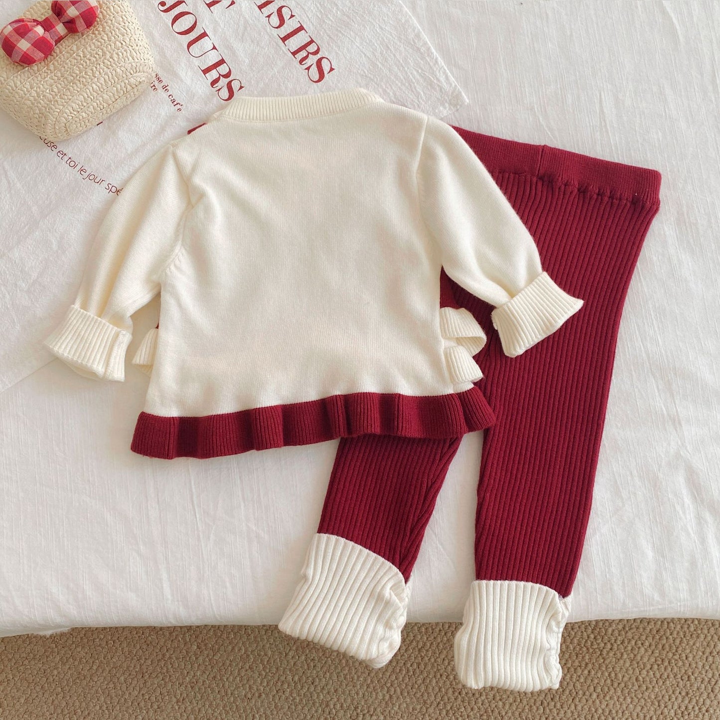 Winter and Spring Baby Kids Girls Long Sleeves Color Patchwork Pullover and Cartoon Pattern Pants Knitted Clothing Set