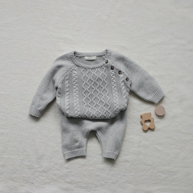 Winter and Spring Baby Kids Unisex Long Sleeves Jacquard Pattern Sweater and Pants Knitted Clothing Set