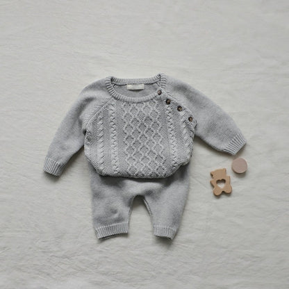 Winter and Spring Baby Kids Unisex Long Sleeves Jacquard Pattern Sweater and Pants Knitted Clothing Set