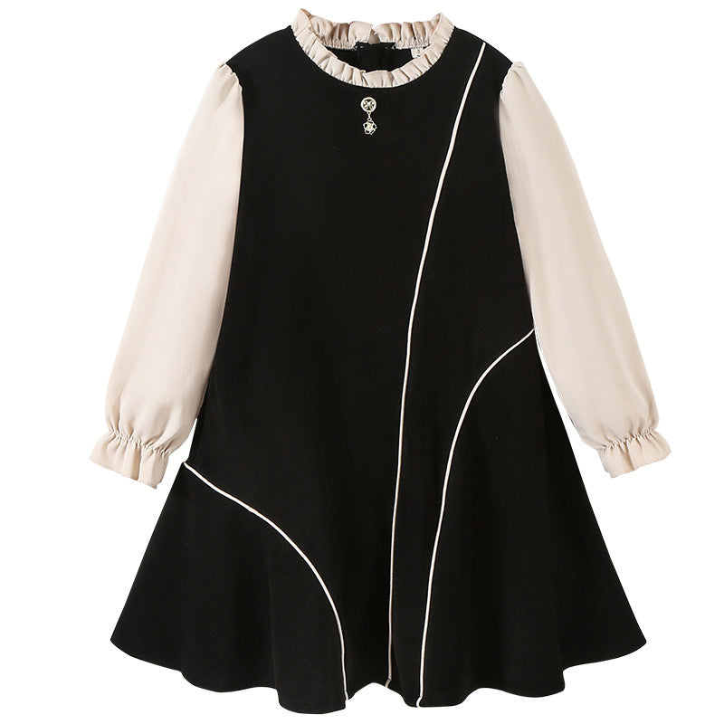Autumn Arrival Long Sleeves Color Patchwork Dress for Stylish Girls