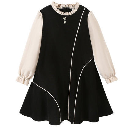 Autumn Arrival Long Sleeves Color Patchwork Dress for Stylish Girls