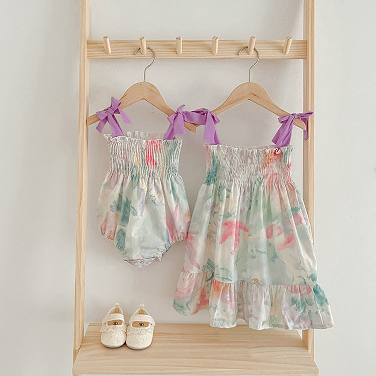 Summer Baby Girls Sleeveless Off Shoulder Floral Pattern Strap Dress And Onesie – Princess Sister Matching Set, MyKids-USA®, Baby & Toddler Outfits, MyKids-USA -  -  -  -  -  -  - 