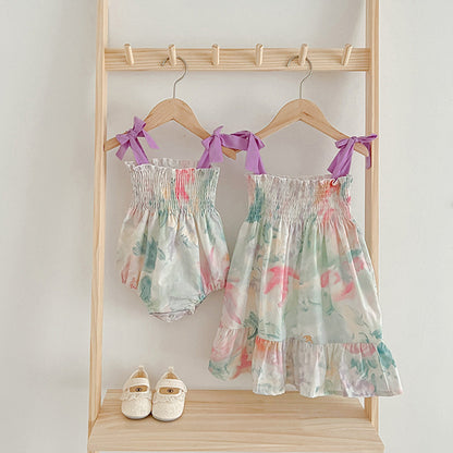 Summer Baby Girls Sleeveless Off Shoulder Floral Pattern Strap Dress And Onesie – Princess Sister Matching Set, MyKids-USA®, Baby & Toddler Outfits, MyKids-USA -  -  -  -  -  -  - 