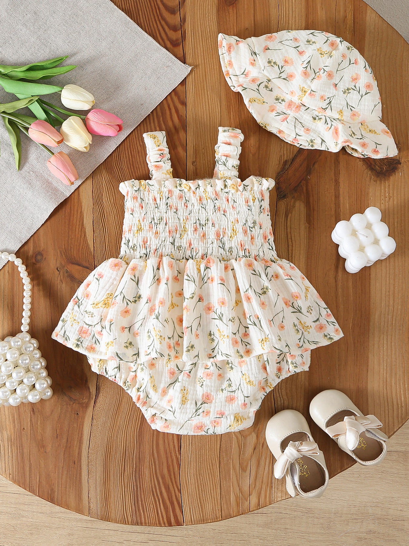 Design Summer Baby Kids Girls Sleeveless Flowers Pattern Bodysuit with Hat