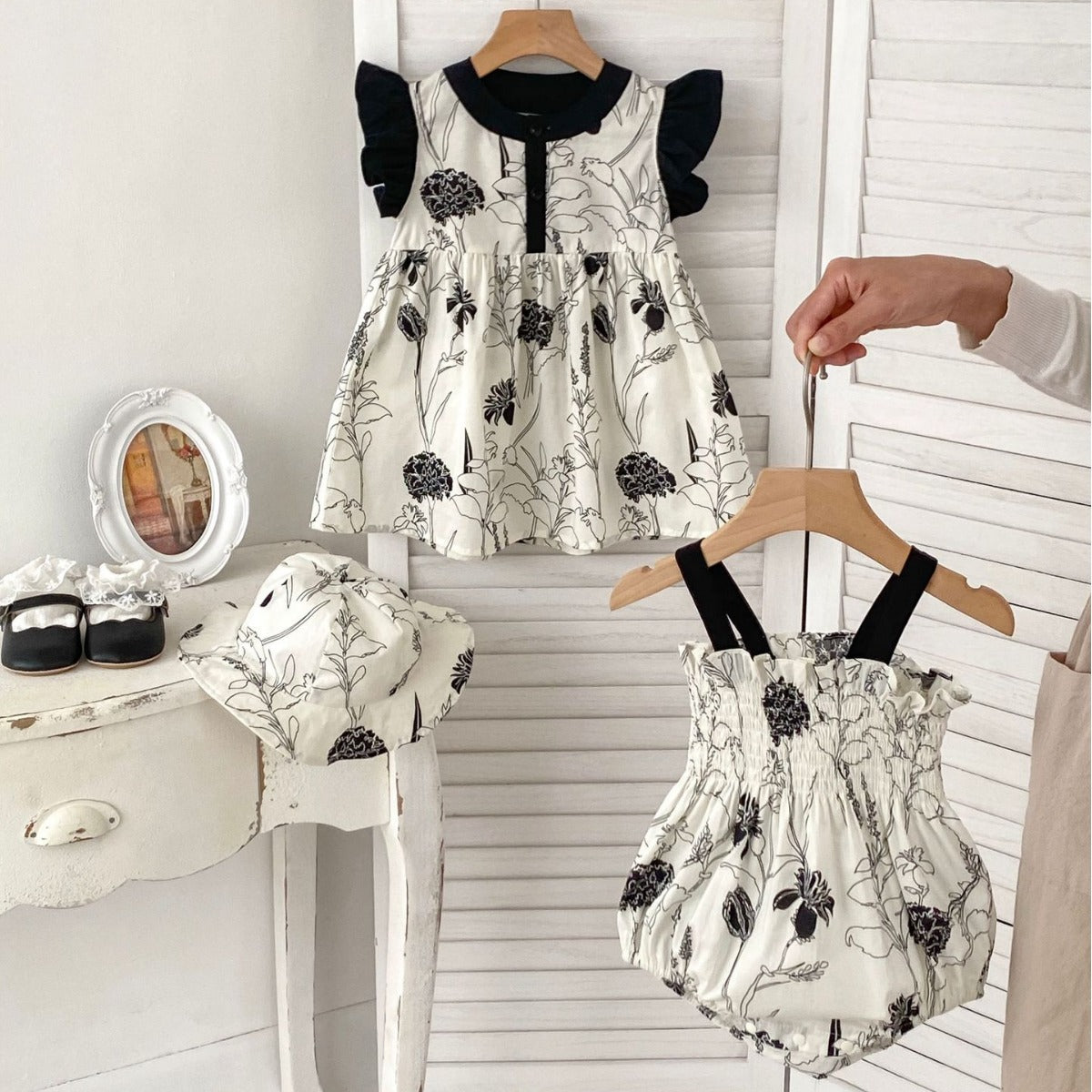 Summer Girls Color Patchwork Floral Pattern Strap Onesies And Fly Sleeves Dress – Princess Sister Matching Set With Shoes