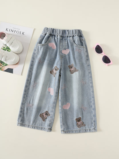 MyKids-USA® Arrival Autumn Girls Teddy Bear and Heart Pattern Jeans
