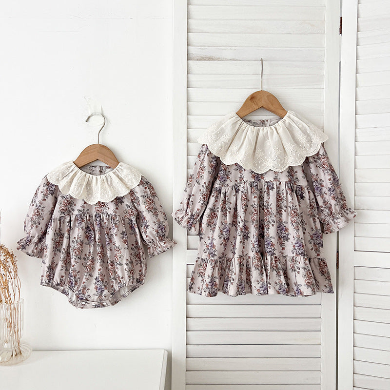 Spring Baby Girls French-style Floral Printed Long-sleeved Onesies and Dress – Princess Sister Matching Set, MyKids-USA®, Baby & Toddler Outfits, MyKids-USA -  -  -  -  -  -  - 