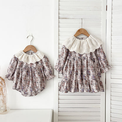 Spring Baby Girls French-style Floral Printed Long-sleeved Onesies and Dress – Princess Sister Matching Set, MyKids-USA®, Baby & Toddler Outfits, MyKids-USA -  -  -  -  -  -  - 