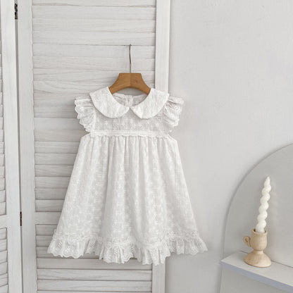 Summer Girls Flowers Embroidered Pattern Peter Pan Collar Onesies and Dress – Princess Sister Matching Set, MyKids-USA®, Baby & Children's Outfits, MyKids-USA® - Size/Age - 66 (3-6M) - Color - White -  -  - TR2604212228-B.