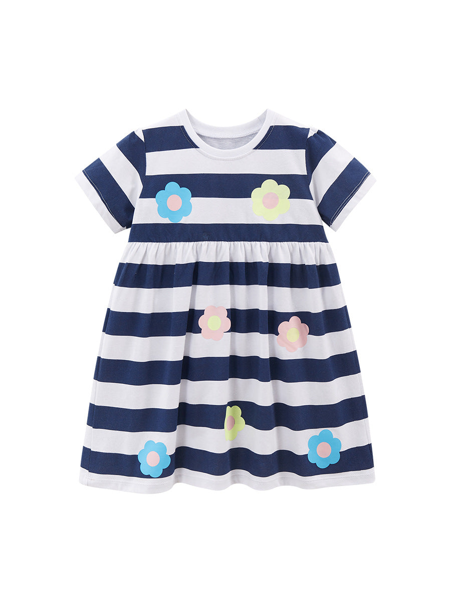 Spring And Summer Baby Girls Navy Blue Striped Floral Short Sleeves Dress, MyKids-USA®, Baby & Toddler Dresses, MyKids-USA - Size/Age - 90 (12-24M) - Color - Navy Blue (Dark Blue) -  -  - TR2312091103-A