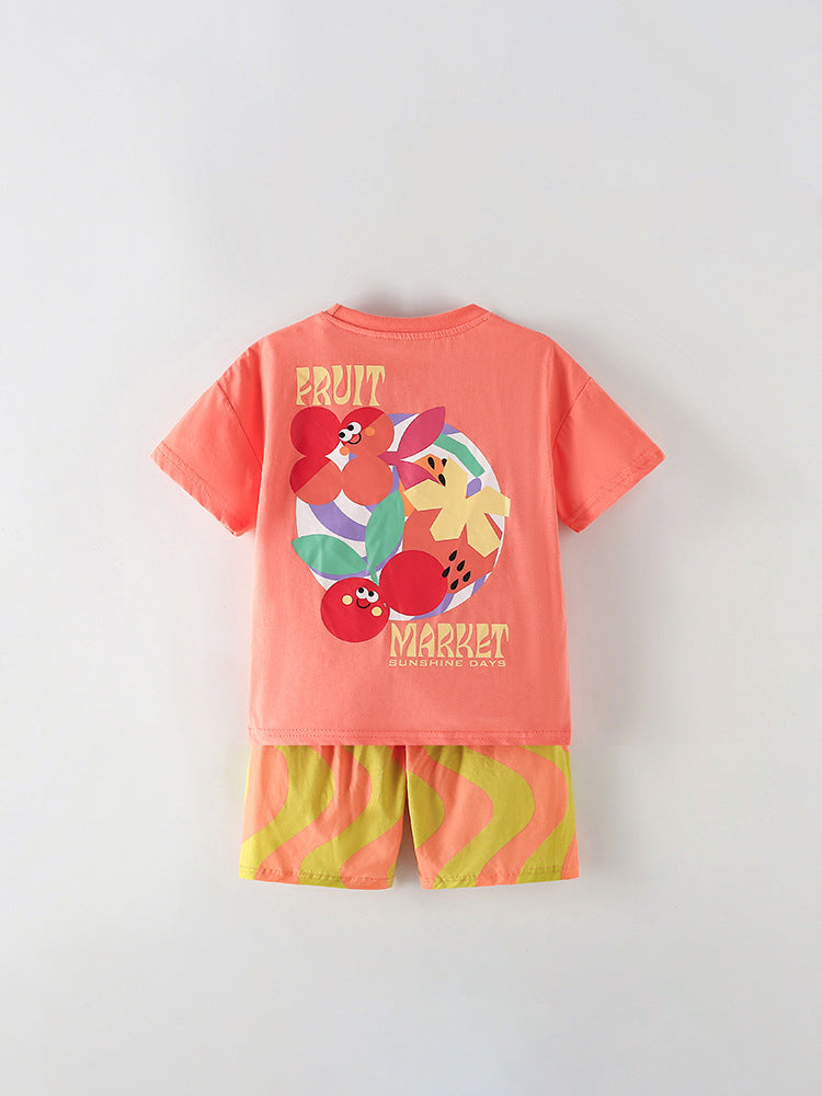 Arrival Summer Baby Kids Girls Short Sleeves Cartoon Pattern T-shirt and Striped Shorts Clothing Set