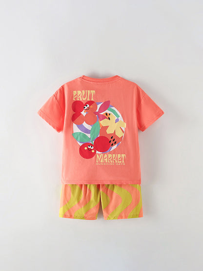 Arrival Summer Baby Kids Girls Short Sleeves Cartoon Pattern T-shirt and Striped Shorts Clothing Set