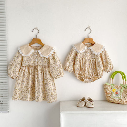 Spring Baby Girls French-style Floral Long-sleeved Onesies and Dress – Princess Sister Matching, MyKids-USA®, Baby & Toddler Dresses, MyKids-USA -  -  -  -  -  -  - 