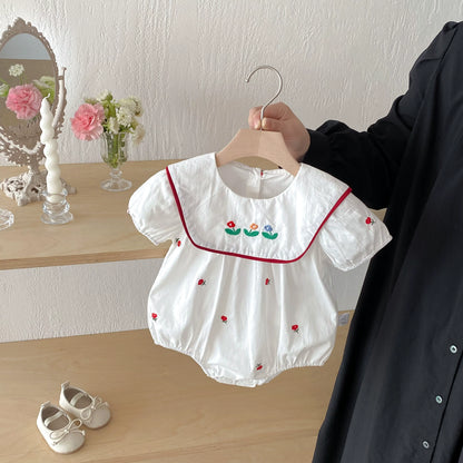 Summer Arrival Baby Girls Floral Pattern Embroidered Short Sleeves Onesies, MyKids-USA®, Baby One-Pieces, MyKids-USA - Size/Age - 66 (3-6M) - Color - Beige -  -  - TR2506242347-A