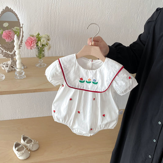 Summer Arrival Baby Girls Floral Pattern Embroidered Short Sleeves Onesies, MyKids-USA®, Baby One-Pieces, MyKids-USA - Size/Age - 66 (3-6M) - Color - Beige -  -  - TR2506242347-A