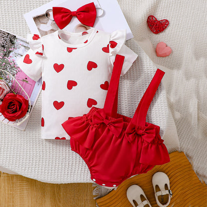 Design Summer Baby Kids Girls Short Sleeves Hearts Pattern T-shirt with Red Overalls Set, MyKids-USA®, Baby & Children's Outfits, MyKids-USA -  -  -  -  -  -  - .