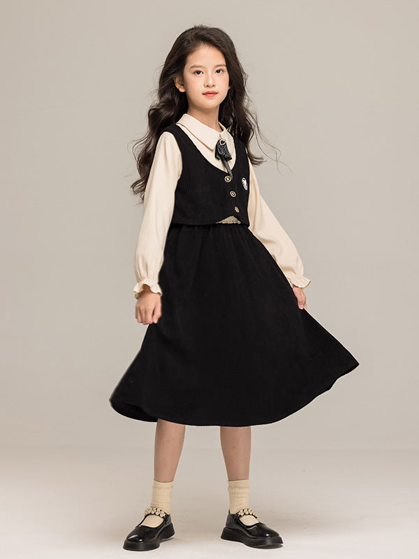 Autumn Arrival Long Sleeves Color Patchwork Preppy One-Piece Dress for Stylish Girls