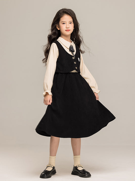 Autumn Arrival Long Sleeves Color Patchwork Preppy One-Piece Dress for Stylish Girls