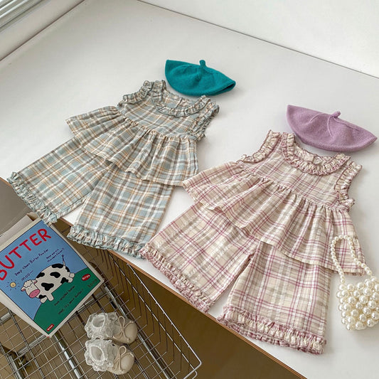 Summer Baby Kids Girls Plaid Sleeveless Vest And Shorts Casual Clothing Set