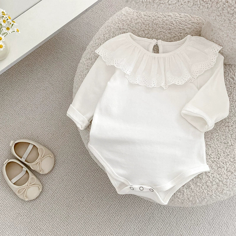 Autumn Arrival Baby Girls Long Sleeves Solid Color White Onesies with Hollow-out Collar, MyKids-USA®, Baby One-Pieces, MyKids-USA -  -  -  -  -  -  - 