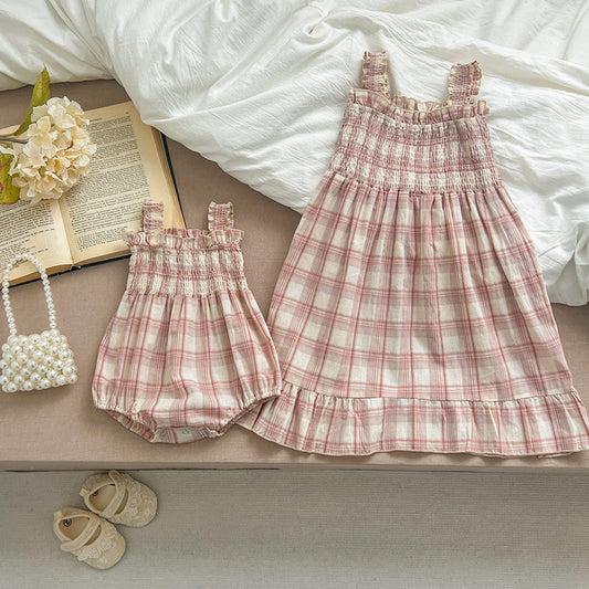 New Arrival Summer Girls Sleeveless Plaid Strap Onesies And Dress – Princess Sister Matching Set