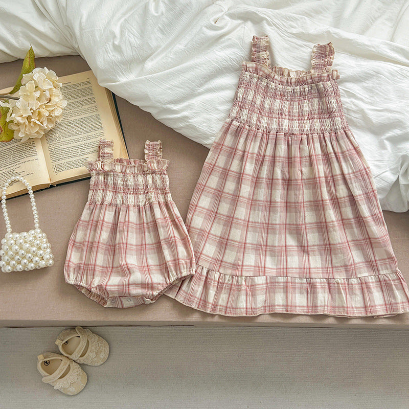 New Arrival Summer Girls Sleeveless Plaid Strap Onesies And Dress – Princess Sister Matching Set