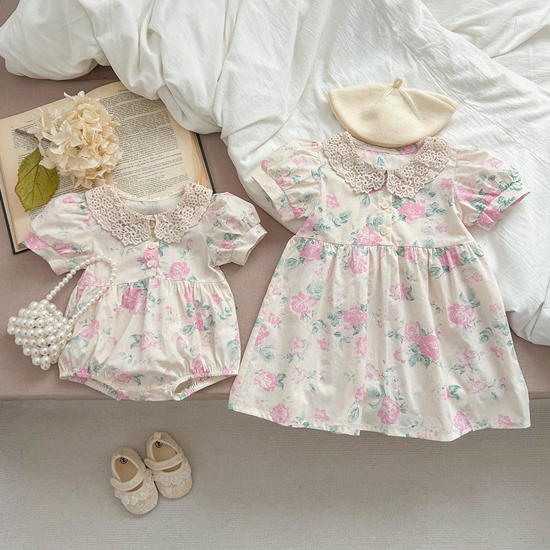 Summer Girls Floral Pattern Hollow Out Peter Pan Collar Short Sleeves Onesies And Girls’ Dress – Princess Sister Matching Set