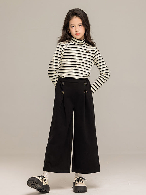 Arrival Autumn Kids Girls Long Sleeves Striped Pattern Turtle Neck Top and Black Loose Pants Sets