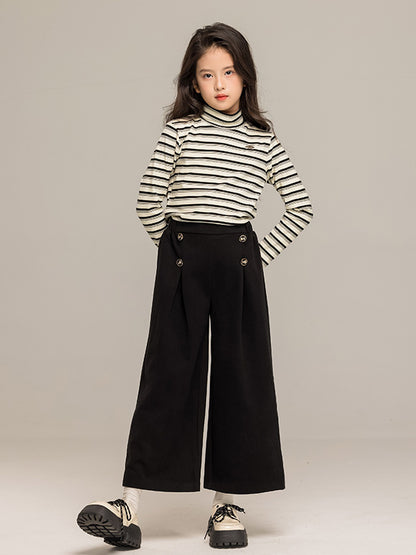 Arrival Autumn Kids Girls Long Sleeves Striped Pattern Turtle Neck Top and Black Loose Pants Sets