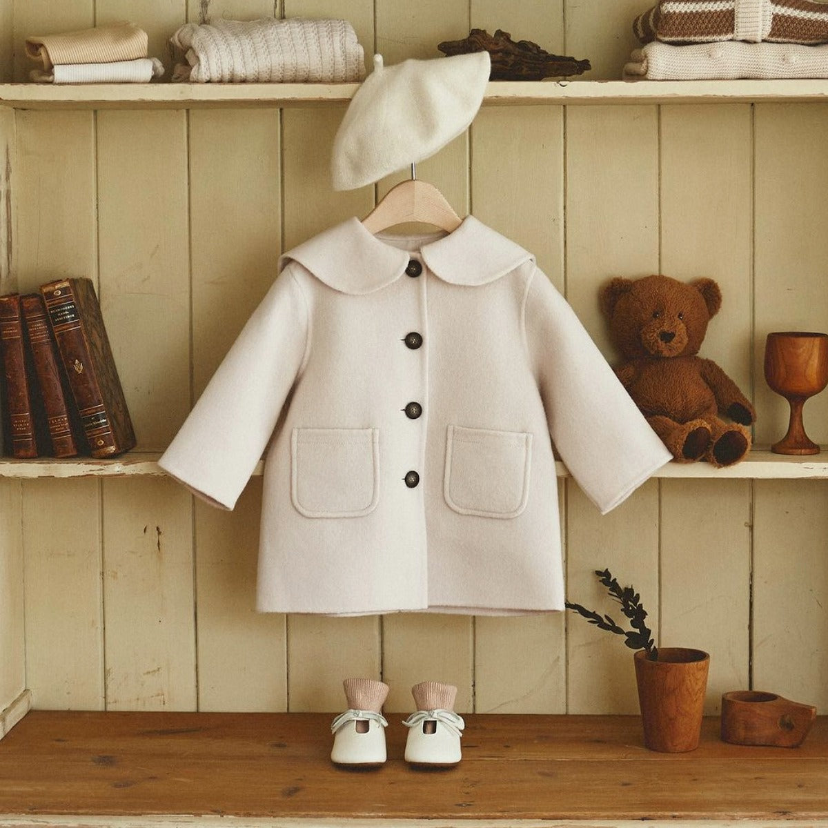 Premium-Style Girls Single-Breasted One-Piece Wool Coat without Hat
