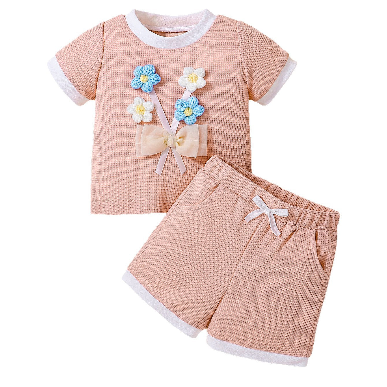 Design Summer Baby Kids Girls Short Sleeves Flowers Pattern T-shirt with Plain Shorts