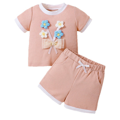 Design Summer Baby Kids Girls Short Sleeves Flowers Pattern T-shirt with Plain Shorts