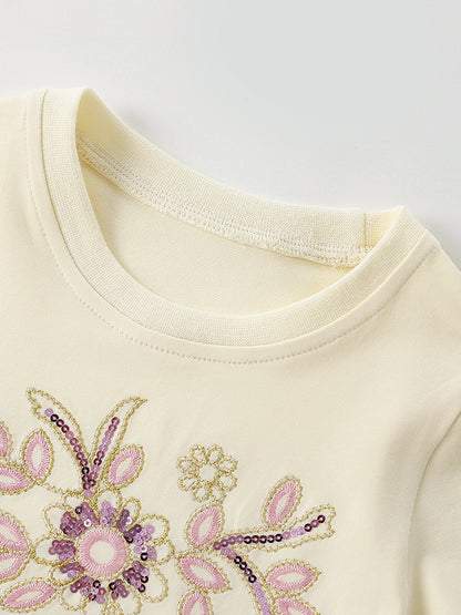 Summer Baby Kids Girls Short Sleeves Sequins Flowers Pattern Dress