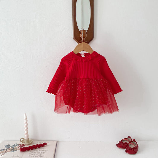 Spring New Design Baby Red Long Sleeves Mesh Onesie Dress For Girls