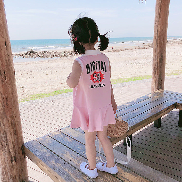 Summer Baby Girls Hot Selling Sleeveless Turndown Collar Sport Design Letters Print Dress, MyKids-USA®, Baby & Toddler Dresses, MyKids-USA - Size/Age - 80 (9-12M) - Color - Pink -  -  - TR2404222104-A.