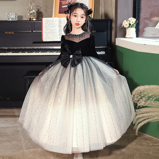 Princess Black Bow Birthday Dress For Girls: Luxurious Long-Sleeved Piano Performance Attire , Perfect For Spring Celebrations