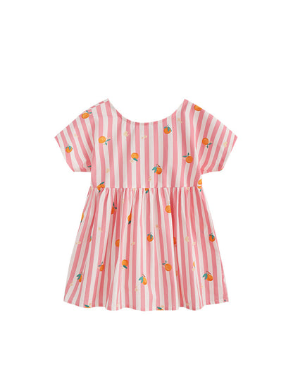 Summer Hot Selling Cute Fruits and Striped Pattern Short Sleeves Dress for Stylish Girls
