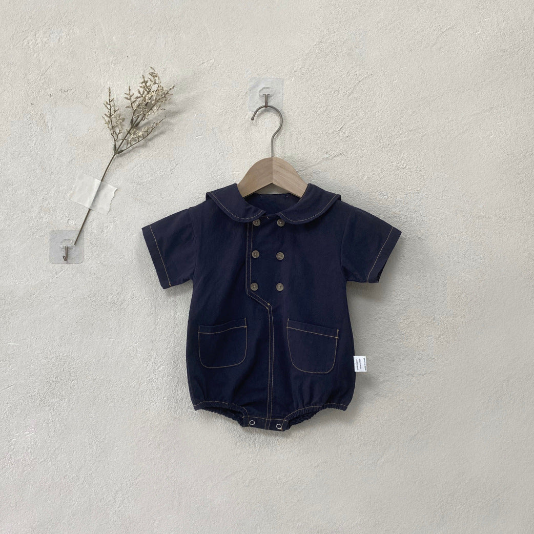 Summer and Autumn Arrival Baby Girls Short Sleeves Turn-down Collar Plain Bodysuit