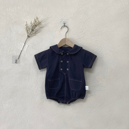 Summer and Autumn Arrival Baby Girls Short Sleeves Turn-down Collar Plain Bodysuit