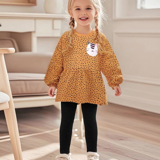 Spring and Autumn Girls Cat Cartoon and Dots Pattern Long Sleeves Sweatshirt and Black Pants Clothing Set, MyKids-USA®, Baby & Toddler Outfits, MyKids-USA - Size/Age - 90 (12-24M) - Color - Yellow -  -  - TR2507112010-A