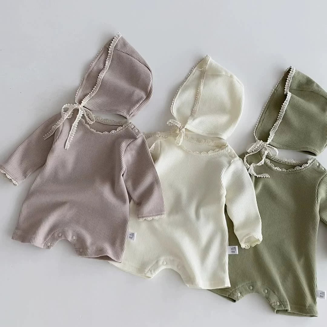 Autumn Arrival Baby Unisex Long Sleeves Lace Trim Decorated Waffle Grid Onesies with Hat, MyKids-USA®, Baby One-Pieces, MyKids-USA -  -  -  -  -  -  - 