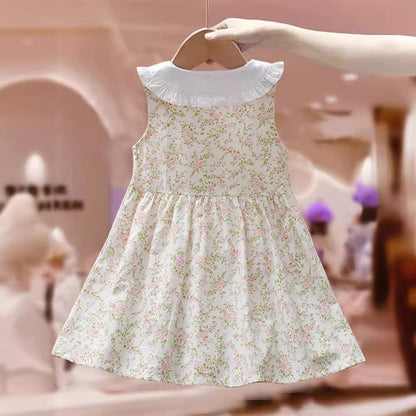 Summer Baby Kids Girls Sleeveless Single Breasted Simple Floral Print Princess Dress