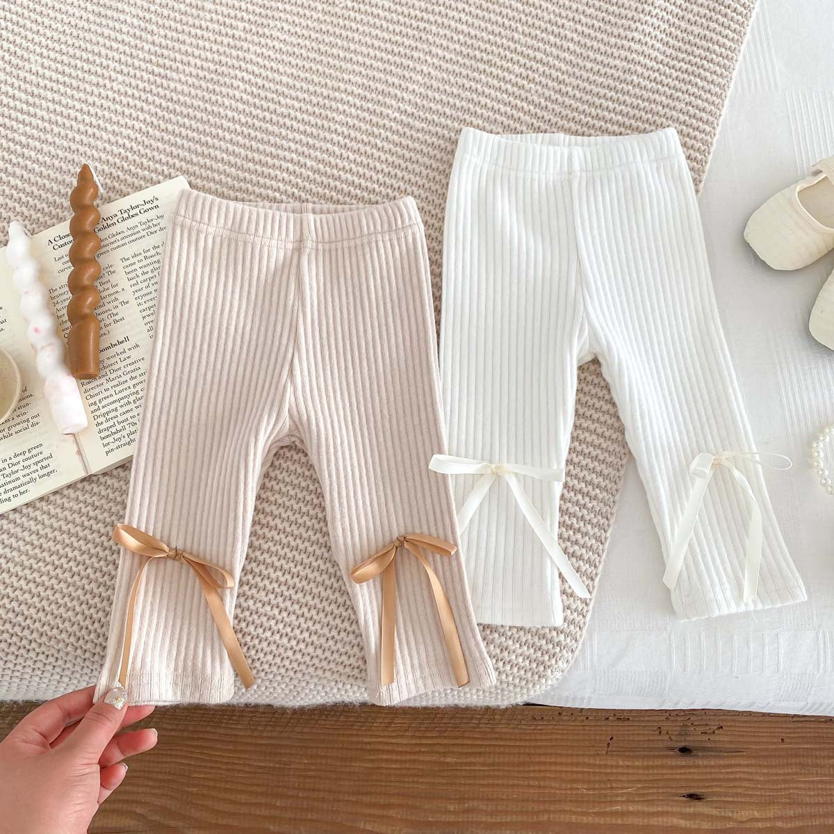 Spring Baby Girls Elastic Double Bow Decorated Striped Pattern Pants