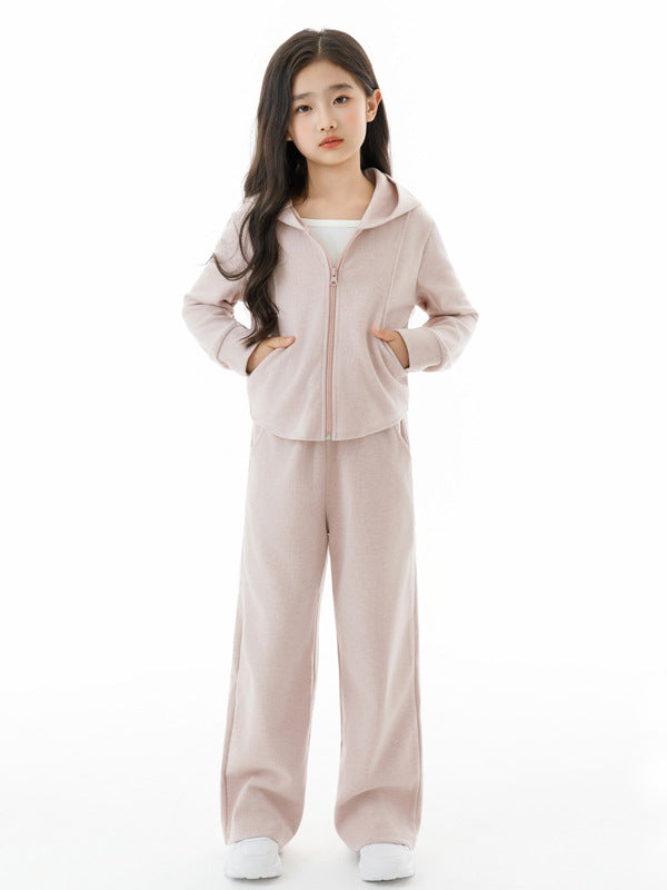 Arrival Autumn Kids Girls White Top, Long Sleeves Solid Color Zip-up Hooded Coat and Simple Pants Clothing Set