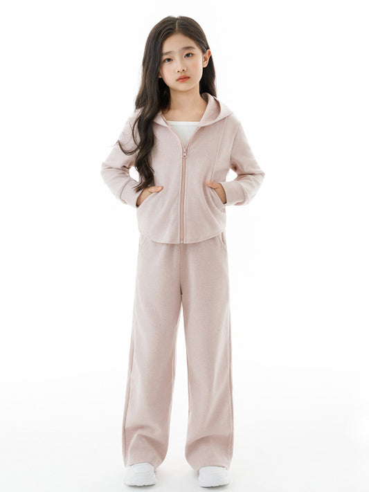 Arrival Autumn Kids Girls White Top, Long Sleeves Solid Color Zip-up Hooded Coat and Simple Pants Clothing Set